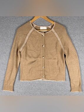 All Row Cardigan Sweater Small Tan Beige Contrast Stitch Button Front Cropped